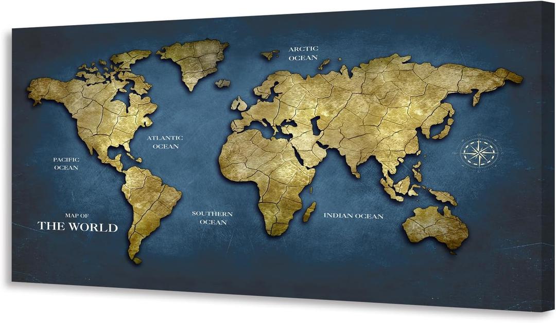 World Map Wall Art Canvas Print, Vintage Gold Cracked Texture Map of the World Poster, Abstract Navy Blue Ocean Geography Art for Living Room Office Decor, Large Horizontal Map Framed 29"x58"