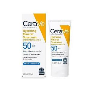 CeraVe 100% Mineral Sunscreen SPF 50, Face sunscreen With Zinc Oxide & Titanium Dioxide, Hyaluronic Acid + Niacinamide + Ceramides, Oil Free, Travel Size 2.5 oz