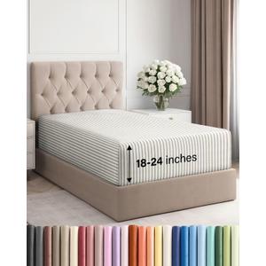 Extra Deep Twin XL Fitted Sheet - Hotel Luxury Single Fitted Sheet Only - Easily Fits 18 inch to 24 inch Mattress - Ultra Soft, Wrinkle Free w/Extra Deep Pockets - Breathable & Comfy - Beige Stripes