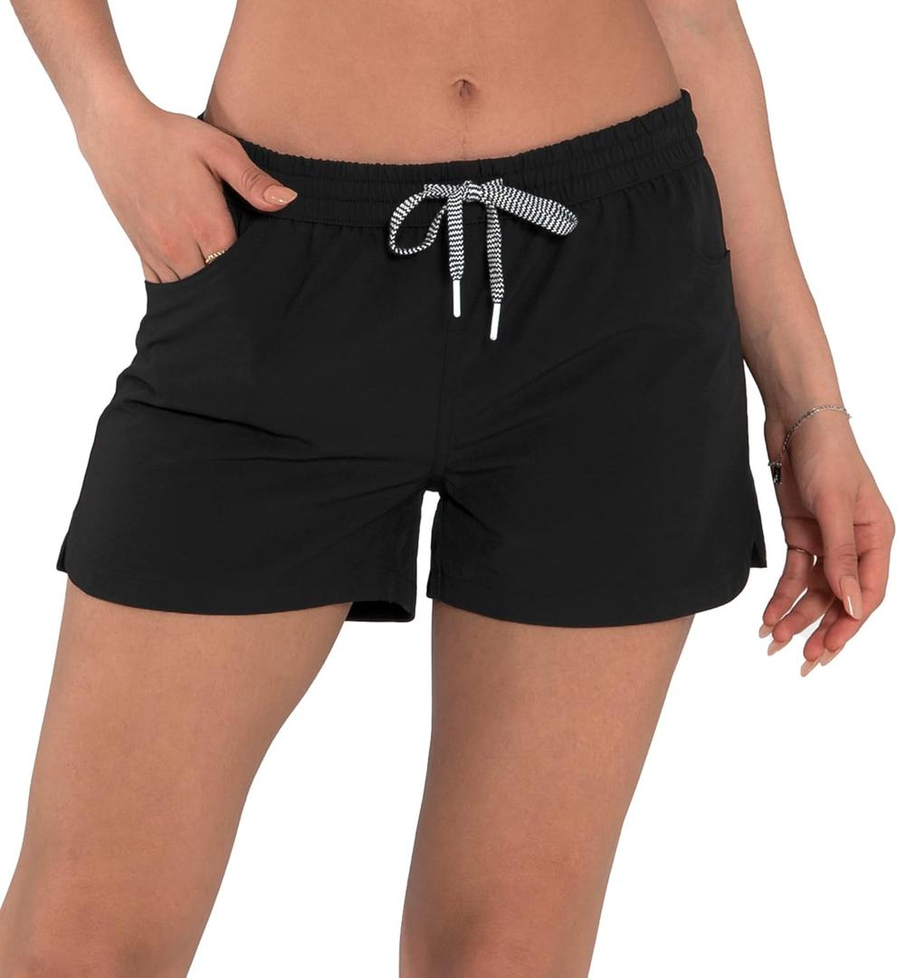 Actleis Womens Swim Shorts UPF50+ Board Shorts Quick Dry Beach Shorts Drawstring Sports Summer Bottom (Black, XL)