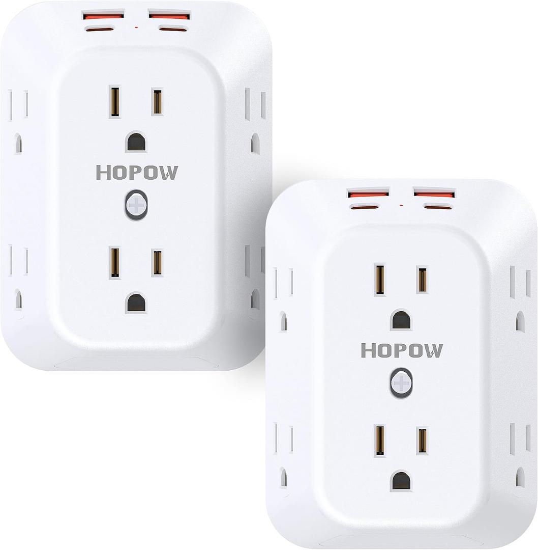 2 Pack Outlet Extender Surge Protector, HOPOW 6 Outlet Splitter with 4 USB Ports (2 USB C), USB Wall Charger, 3-Sided 1050J Multi Plug Wall Outlet, Wall Mount for Home Travel Office Travel, White