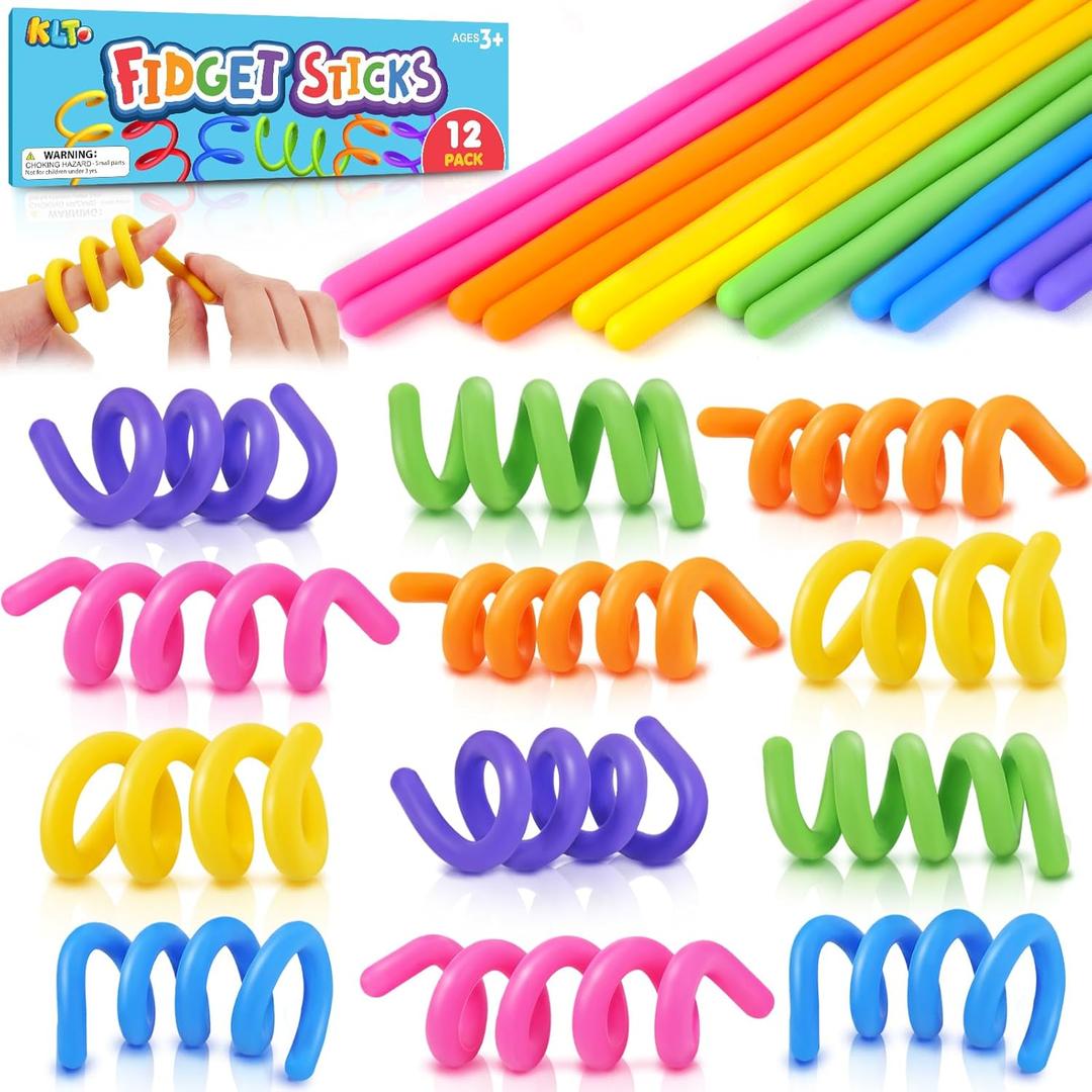 Fidget Toys Sensory Sticks for Kids: 12 Pack Sensory Toys for Kids with Autism Calming - Quiet Fidgets for Classroom Must Have - Creative Party Favors Gifts Travel Essentials