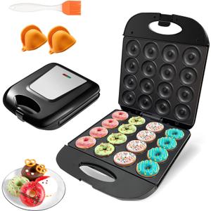 Mini Donut Maker Machine for Home, Kid-Friendly 16-Hole Electric Doughnut and Pancake Maker with Non-Stick Surface, Ideal for Homemade Doughnuts (Black with 1 Pair Mini Oven Gloves & Brush)