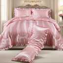 Satin Queen Comforter Set Silk Like Satin Bedding Set Hotel Soft Polyester Pink Bed Set Luxury Silky Pillow Cover with Quilt Set Ruffle Down Comforter Home Decor