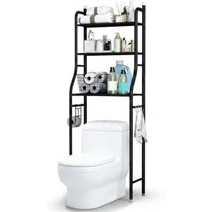 3-Tier Over The Toilet Storage, Metal Bathroom Shelve, Over Toilet Organizer Storage Rack, with Paper & Towel Holder, Space Saver Freestanding Shelf for Restroom Laundry Balcony, Black, 3-Tier Iron