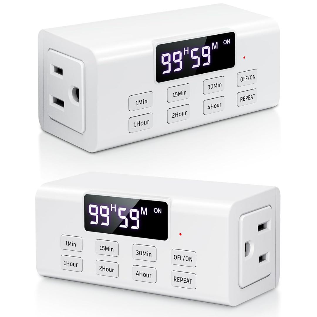 Countdown Timer Outlet, Up to 99 Hours, Large Screen and Repeat Function, Inodoor Auto Shut Off Timers for Charger Light Vacation Security,Digital Timers for Electrical Outlets 2 Pack