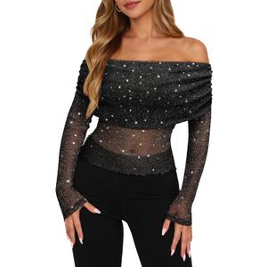 FEMLE Women Sparkly Off The Shoulder Sheer Mesh Tops Glitter See Through Long Sleeve Foldover Top Party Concert Outfits (Blue, XL)
