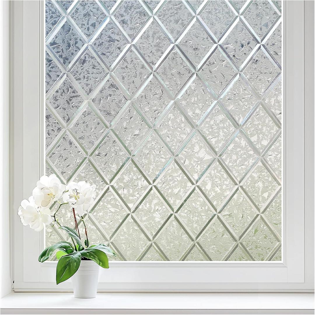 Haton Window Privacy Film Decorative Frosted Glass Window Film, Sun Blocking Stained Glass Clings, Static Cling Removable Stickers for Home Door Coverings, Lattice Pattern 17.5" x 78.7" (Clear)