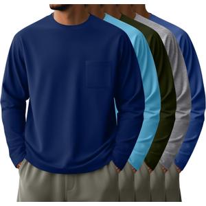 Neer 5 Pack Men's Big and Tall Long Sleeve Pocket T-Shirt Lightweight Crew Neck Shirts Slim Fit Top Casual Basic Tees  3X-Large