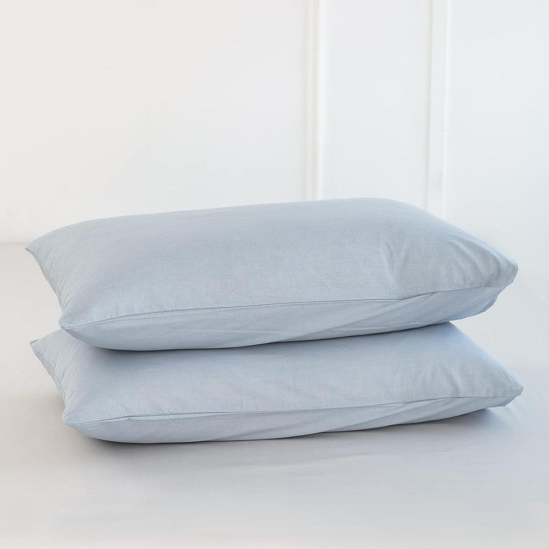 MooMee Bedding Pillowcases Pack of 2 100% Washed Cotton Linen Like Textured Breathable Durable Soft Comfy (Heathered Cornflower Blue, Queen)