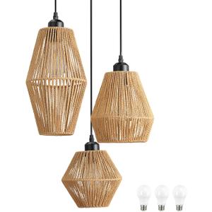 3-Light Rattan Pendant Light,Hand Woven Boho Chandelier,Wicker Pendant Light Fixture,Kitchen Dining Room Chandelier Over Table,Hanging Light for Living Room,Entryway,LED Bulbs Included