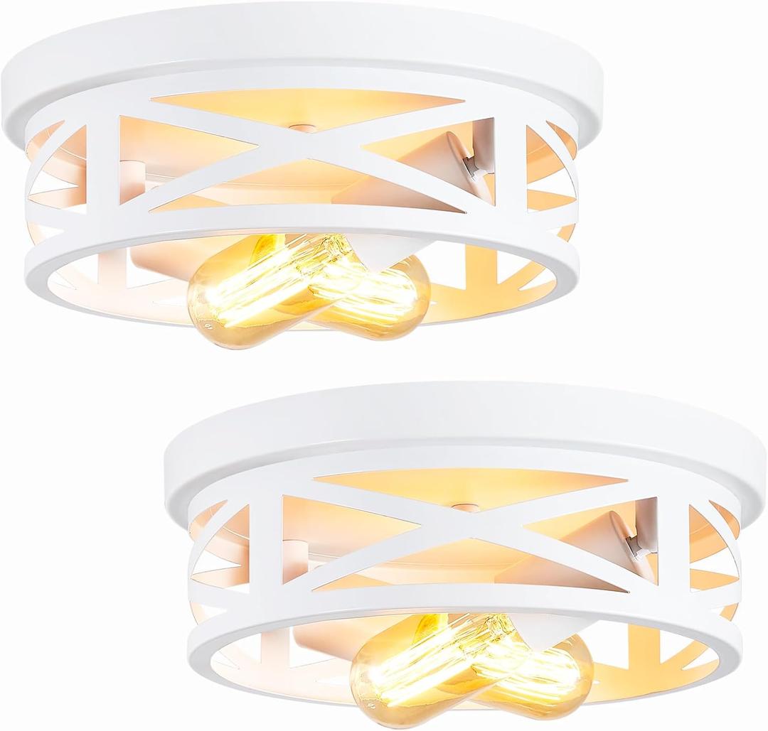 2 Pack Flush Mount Ceiling Light,White Hallway Light Fixtures Ceiling Metal Cage Ceiling Light Fixtures Flush Mount,Light Fixture Ceiling Mount for Kitchen Entryway Hallway,E26 Base (10.63in-White)