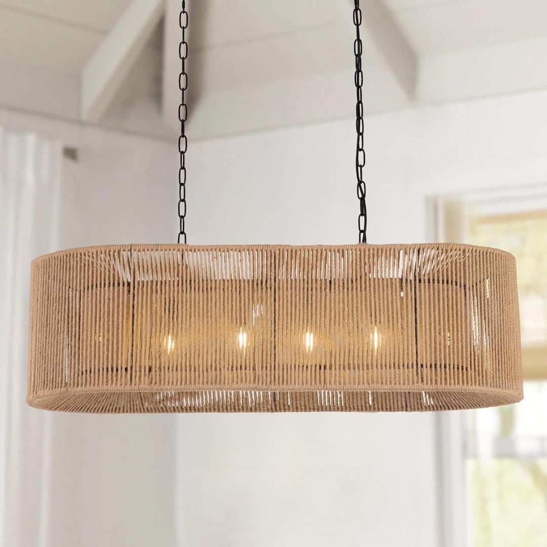 Wellmet Boho Chandelier Light Fixture 42 Inch, Farmhouse Rattan Pendant Light for Dining Room, Rustic Rectangular Chandeliers for Living Room, Bedroom, Kitchen Island (Rattan, 42 Inches)