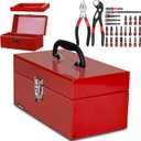 P.I.T. Small Tool Box 12 Inch,Portable Removable Tray Heavy Steel Box with 27PC Tool Kit,Red,Tool Storage, Lockable,Small Case for Household, Warehouse