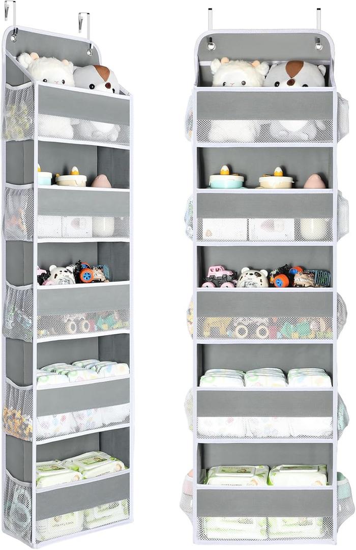 Yecaye 2 Pc Over The Door Organizer with 5 Bins 10 Side Pockets, 44lbs Load Hanging Bathroom and Bedroom Organizer, Behind The Door Hanging Organizers for Nursery Newborn Baby Essential Stuff Grey