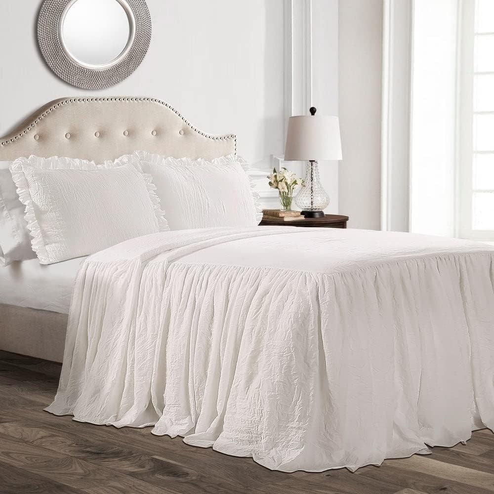 Lush Decor Ruffle Skirt Bedspread Set - 3 Piece Luxurious Farmhouse Bedding Set - Elegant, Charming Ruffle Detail - Timeless Style & Classic Design - Soft and Lightweight - Full, White