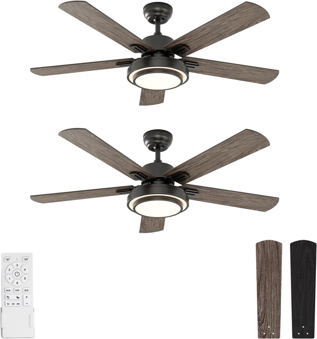 warmiplanet Ceiling Fans with Lights and Remote Control, 52 Inch, 6 Speeds Reversible DC Motor, 3 Color Dimmable Light, Timer, Noiseless, Black, 5 Blades, 2 Pack