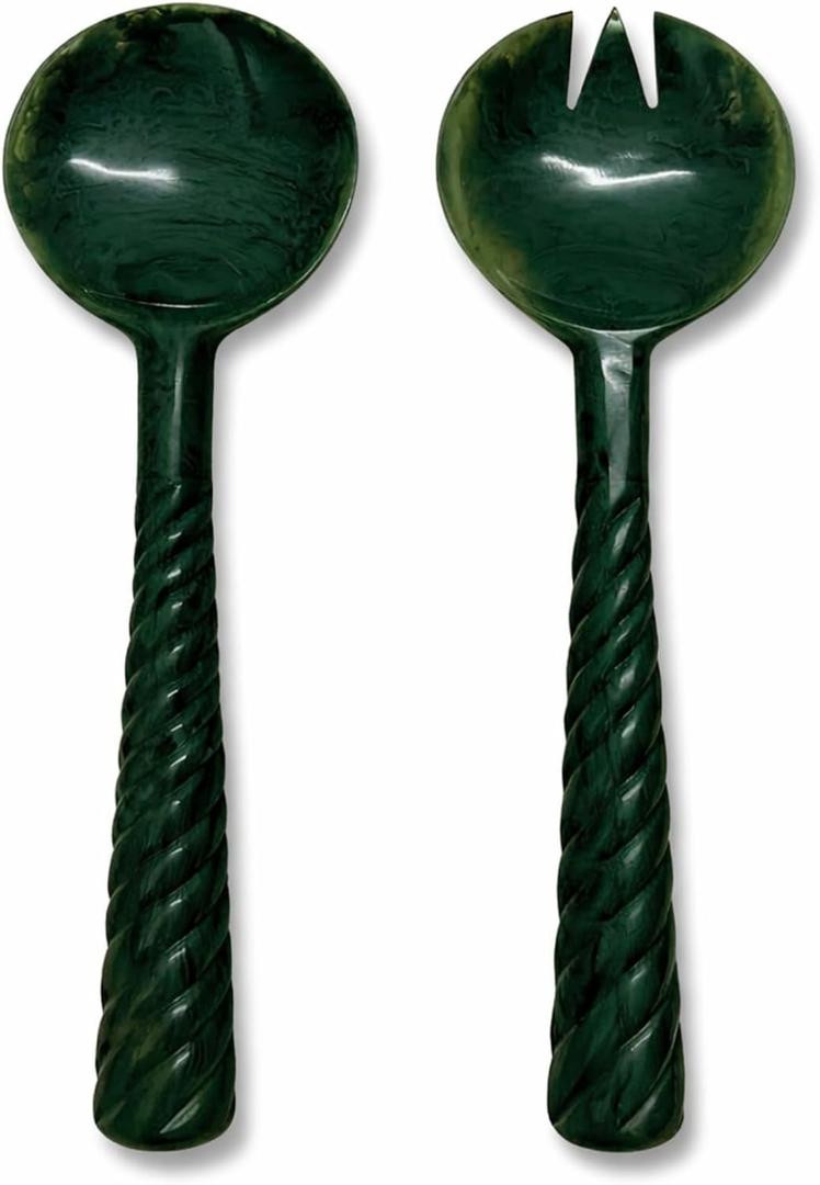 Handmade Green Marbled Resin Salad Serving Spoon & Fork Set  Durable Swirl Design Utensils for Tossing, Mixing & Serving Salad, Pasta & Fruit  Stylish Kitchen & Tableware Gift
