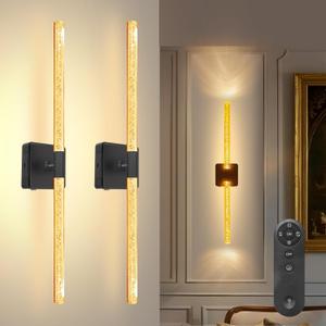 25in Crystal Battery Operated Wall Sconces Set of Two, [Sunset Glow Ambiance & 8000mAh Removable Battery] Dimmable 2700K6000K, Touch/Remote Control, Wireless Wall Lamps for Home DecorBlack