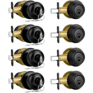 Plustool 4 Pack Front Door Lock Set,Matte Black Exterior Door Lock Set with Deadbolt,Single Cylinder Deadbolt Lock and Door Knob Set,Keyed Alike Door Knob with Lock&Keys,Round Ball Entry Door Lockset