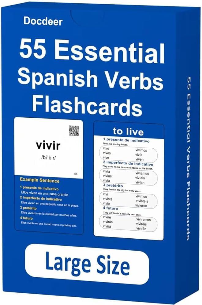 Spanish Verbs: 55 Spanish Essential Verbs Flash Cards Conjugated Through 4 Tenses Flashcards