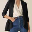 Happy Sailed Womens 3/4 Sleeve Blazers Lightweight Open Front Cardigan Jacket Office Work Suits (Black, XL)