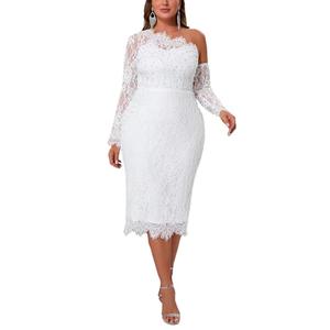 Cololura Elegant Sexy Floral Lace Patchwork Pearl One Shoulder Formal Evening Gown Party Cocktail Bodycon Midi Dress 2XL