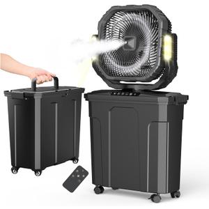 Ausic 20L 12Inch Portable Misting Bucket Fan, 30000mAh Oscillating Outdoor Fans with Remote Control, Rechargeable Battery Powered Camping Fan with Water Spray for Patios, Beach/Travel Essentials (Black)