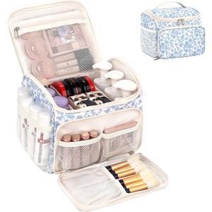 CUBETASTIC Travel Makeup Bag, Floral Make Up Bag with Brush Compartment, Vertical Storage Toiletry Bag with Partitions, Large Make Up Pouch for Women, Portable Makeup Case with Multi-Pockets
