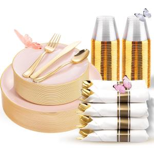 KIRE 175PCS Pink Plates Disposable - Heavy Duty Pink and Gold Plastic Plates Dinnerware Sets - 25 for Dinner 25 for Dessert 25 Pre Rolled Napkins 25Cups for Birthday Party/Wedding