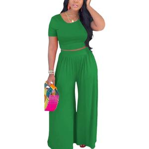 HBQ Two Piece Outfits For Women Casual Sweat Suits Backless Short Sleeve Crop Tops Wide Leg Pants Lounge Sets Tracksuit (Small, Green)