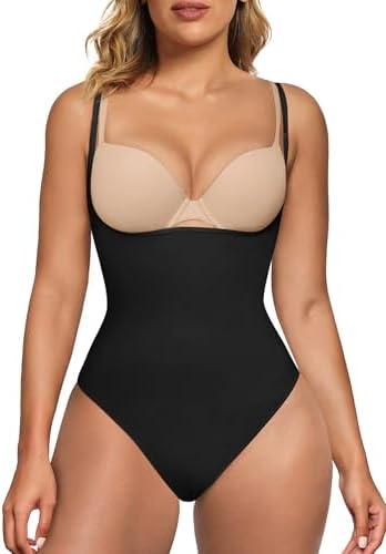 SHAPERX Open Bust Shapewear Tummy Control Bodysuits for Women Seamless Compression High Waisted Body Shaper, S/M,Black(shorts)