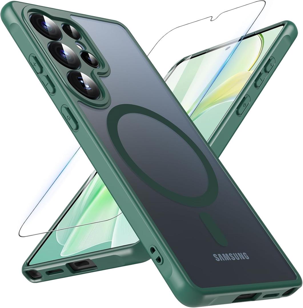 OWKEY Samsung Galaxy S25 Ultra Case 6.86'', Magnetic S25 Ultra Case for Magsafe with Tempered Glass Screen, [Shockproof Military] Translucent Back Slim Bumper Cover Phone Case Galaxy S25 Ultra, Green