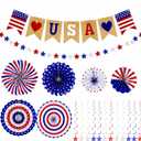 4th of July Decorations Set, 20 PCS Easy Setup Patriotic Red White Blue Paper Fans, USA Banner, Star Garland, Hanging Swirls and Spiral Stars for 250th Anniversary Patriotic Party Decor