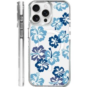 Magnetic Case for iPhone 15 Pro Max, Crystal Clear Phone Cover, Magnetic Charging Compatible, Anti-Yellowing Shockproof Drop Protection Aesthetic Phone Case for Women Girls, Blue Hibiscus