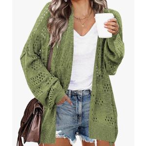 IN'VOLAND Womens Plus Size Crochet Cardigan Kimonos Boho Long Sleeve Oversized Summer Open Front Knitted Sweater, Small