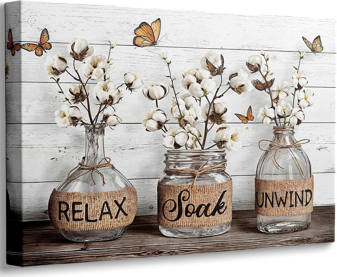Relax Soak Unwind Canvas Wall Art, Farmhouse Bathroom Painting Picture Wall Decor, Cotton Flower Butterfly Poster Print Artwork for Restroom Home Decoration 12x16in