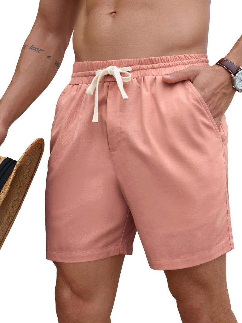 PLEPAN Mens 5 Inch Linen Shorts - Casual Elastic Waist Drawstring Summer Beach Shorts with Pocket (XXL)