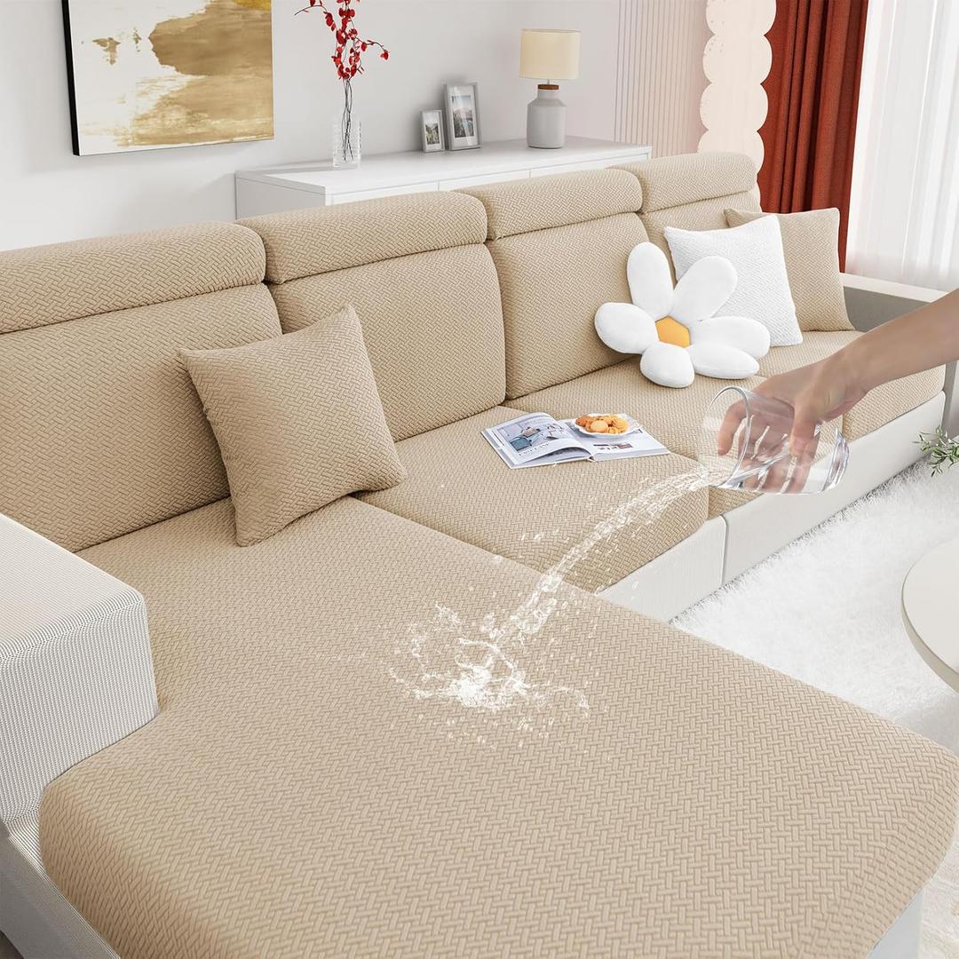 hyha Waterproof Couch Cushion Covers, Wear Resistant Couch Cover, Anti Slip Sofa Slipcovers Washable, Soft Thick Jacquard Furniture Protector for Pets Dog (3 Packs, Camel)