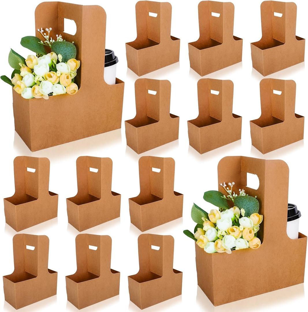Whaline Mother's Day Kraft Flower Gift Bags 20Pcs Drink Carrier with Handle to 2 Cup Floral Wrap Packing Box Paper Holder Basket for Teacher Appreciation Week Wedding Birthday Party Gift Decor