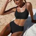 Fanuerg Women's Ribbed High Waisted Bikini Sets Scoop Neck Two Piece Swimsuits Spaghetti Strap Textured Bathing Suit (Black, S)