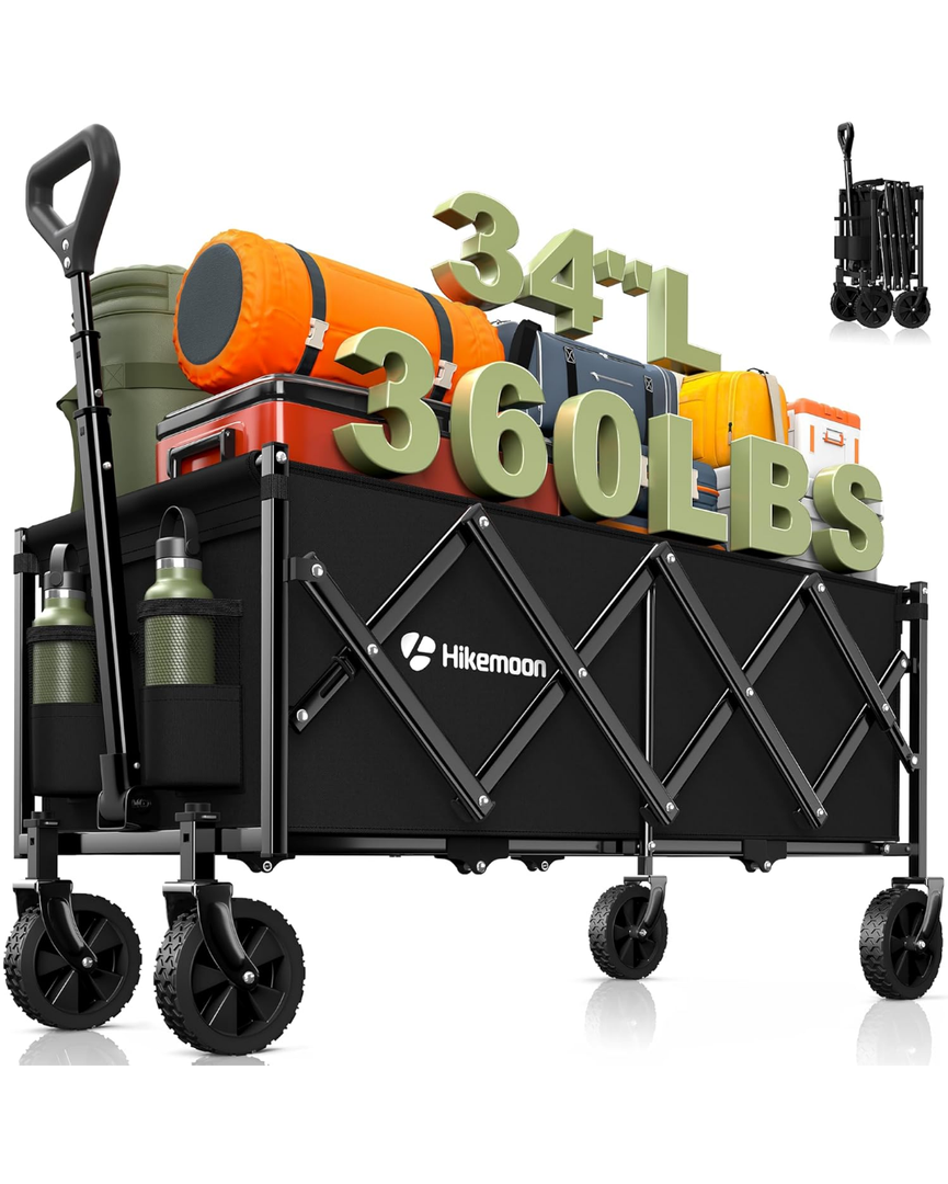 34'' Extra Long Collapsible Wagons Carts Foldable, 360LBS Heavy Duty Folding Beach Wagon Cart with Wheels, Portable Utility Outdoor Wagon for Grocery, Shopping, Garden, Sports, Camping, Black