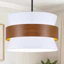 5-Lights White Drum Farmhouse Chandelier,19.68" Modern Large Fabric Light Fixture,Adjustable Rustic Metal Imitation Wood Pendant Light Fixture for Dining Room Living Room Kitchen Island Bedroom