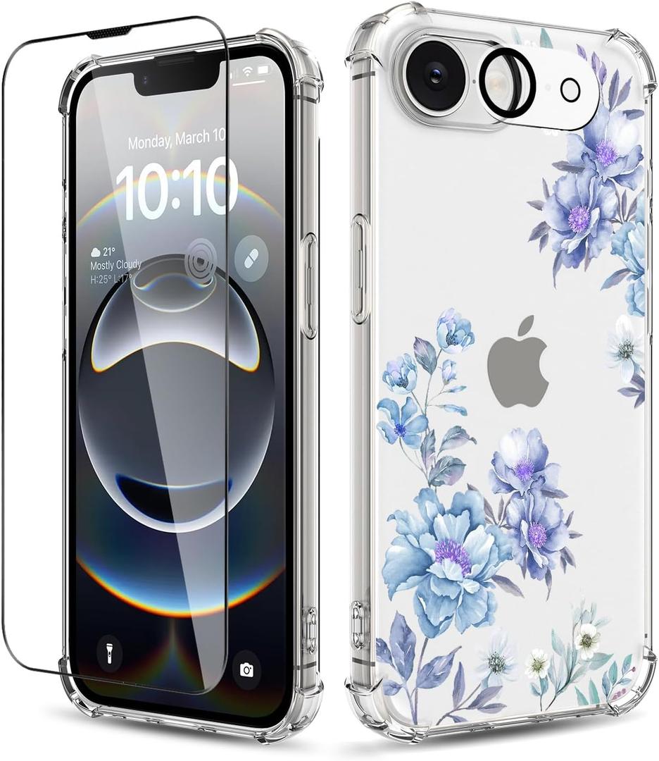 for iPhone 17e Case & iPhone 16e Case,[3 in 1] with Screen Protector & Camera Lens Protector, Clear Soft Shockproof Slim Floral Phone Cover for Women Girls 2025 6.1" (Magnolia/Blue)