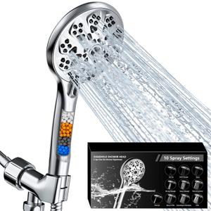 5"Filtered Shower Head with Handheld, High Pressure 10 Spray Settings, 59"Stainless Steel Shower Hose&360 Adjustable Bracket, Quadruple Filtration Design to Improve Water Quality & Bathing Healthier (Silver)