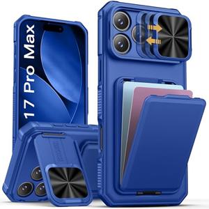 SSLOTSCASE for iPhone 17 Pro Max Wallet Case with Card Holder & Kickstand & Sliding Camera Lens Cover & Camera Stand, Rugged Hard Women Men Phone Case Cover for iPhone 17 Pro Max 5G 2025, Royal Blue