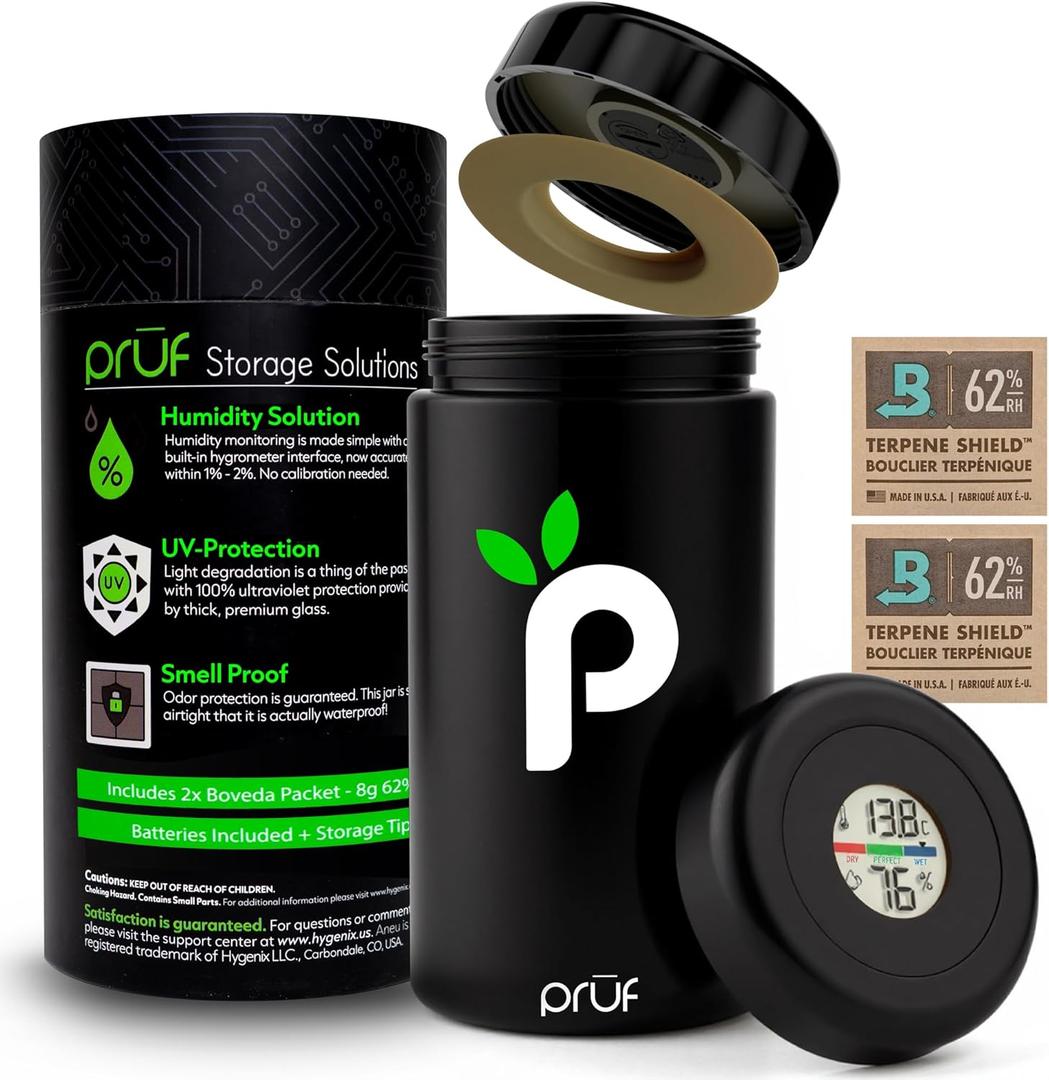 Prf Jar with Built-In Humidity & Temperature Monitor (Hygrometer)  Airtight 500ml UV-Proof Glass Storage Jar with Silicone Seal  Humidity Control  Includes 2 Boveda 62% (8g) Packs  by Hygenix