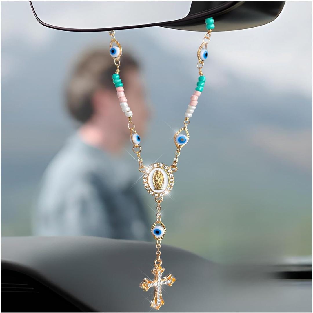 Car Rosary for Rearview Mirror, Personalized Auto Mirror Rosary Beads Cross Hanging Ornament, Medal Cross Rosary Pendant Car Decor Hanging Accessories for Women Men