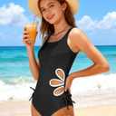 KANGKANG Girls Swimsuit Solid Color Cut Out One Piece Bathing Suit with Chest Pad Adjustable Strap Round Neck Girls' Swimwear, 13-14Y
