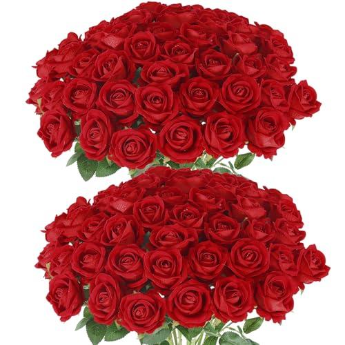 Hananona 50 Pcs Artificial Roses in Bulk, Fake Silk Red Roses Realistic Roses for Wedding Centerpieces Flower Arrangement Home Decor (50, Red)
